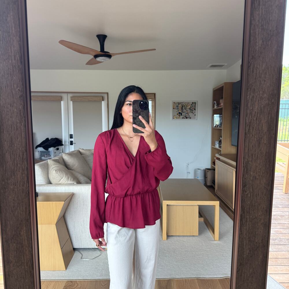 Ann Taylor Blouse Womens XS Burgundy Wrap Top Long Sleeve Work business